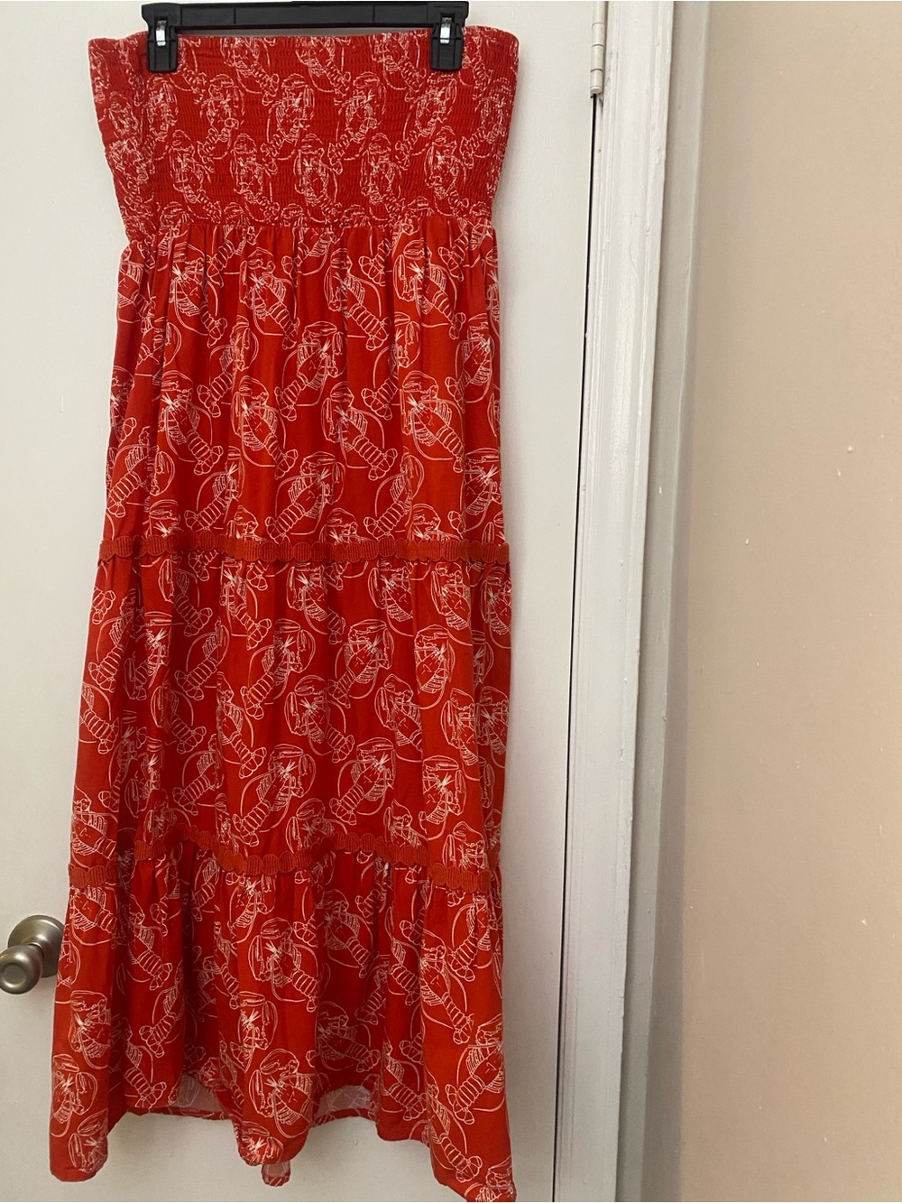 MIRA Strapless Lobster Print Smocked Maxi Dress Red & White